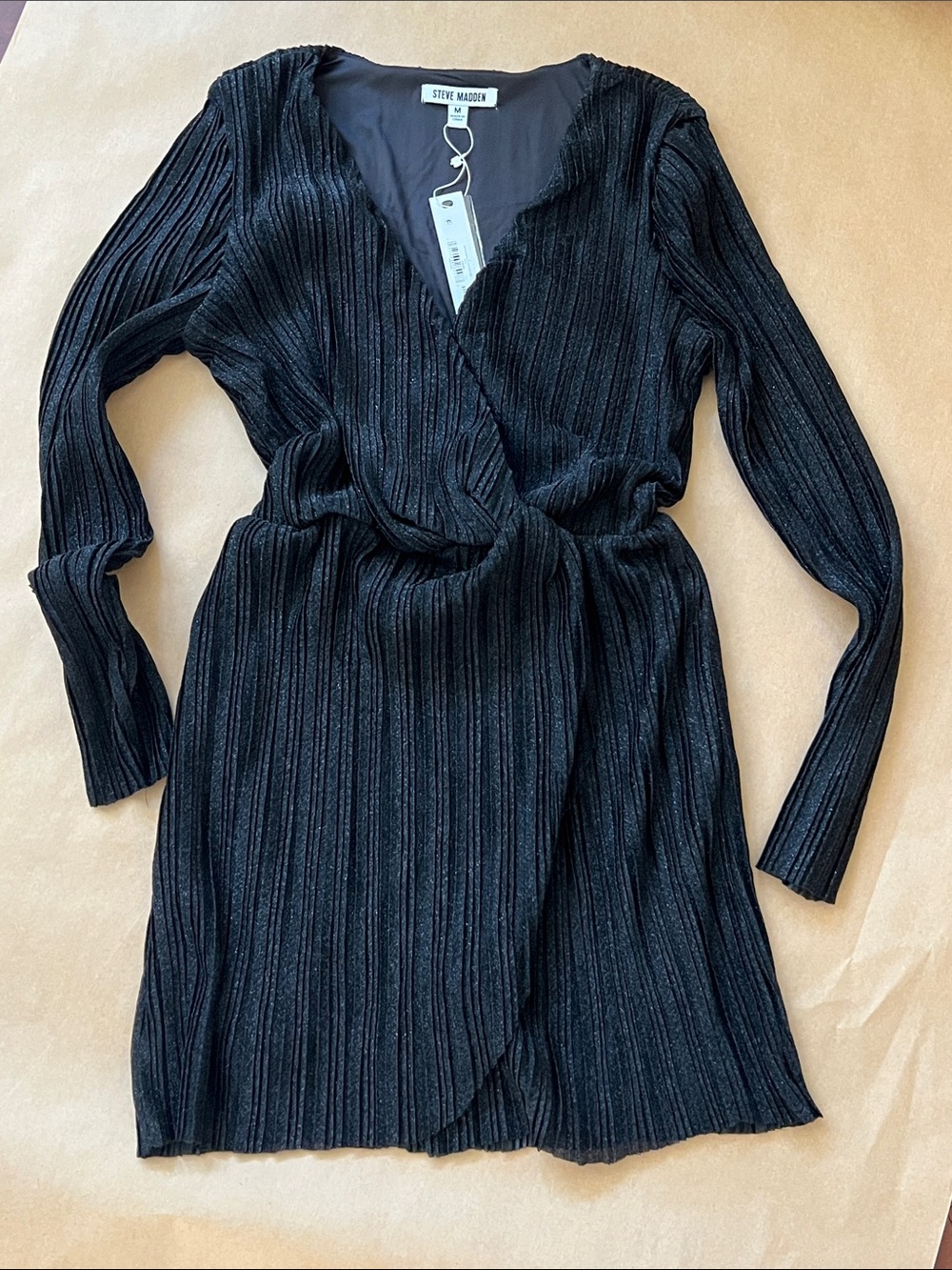 Steve Madden Black Ribbed Wrap-Style Long Sleeve Dress